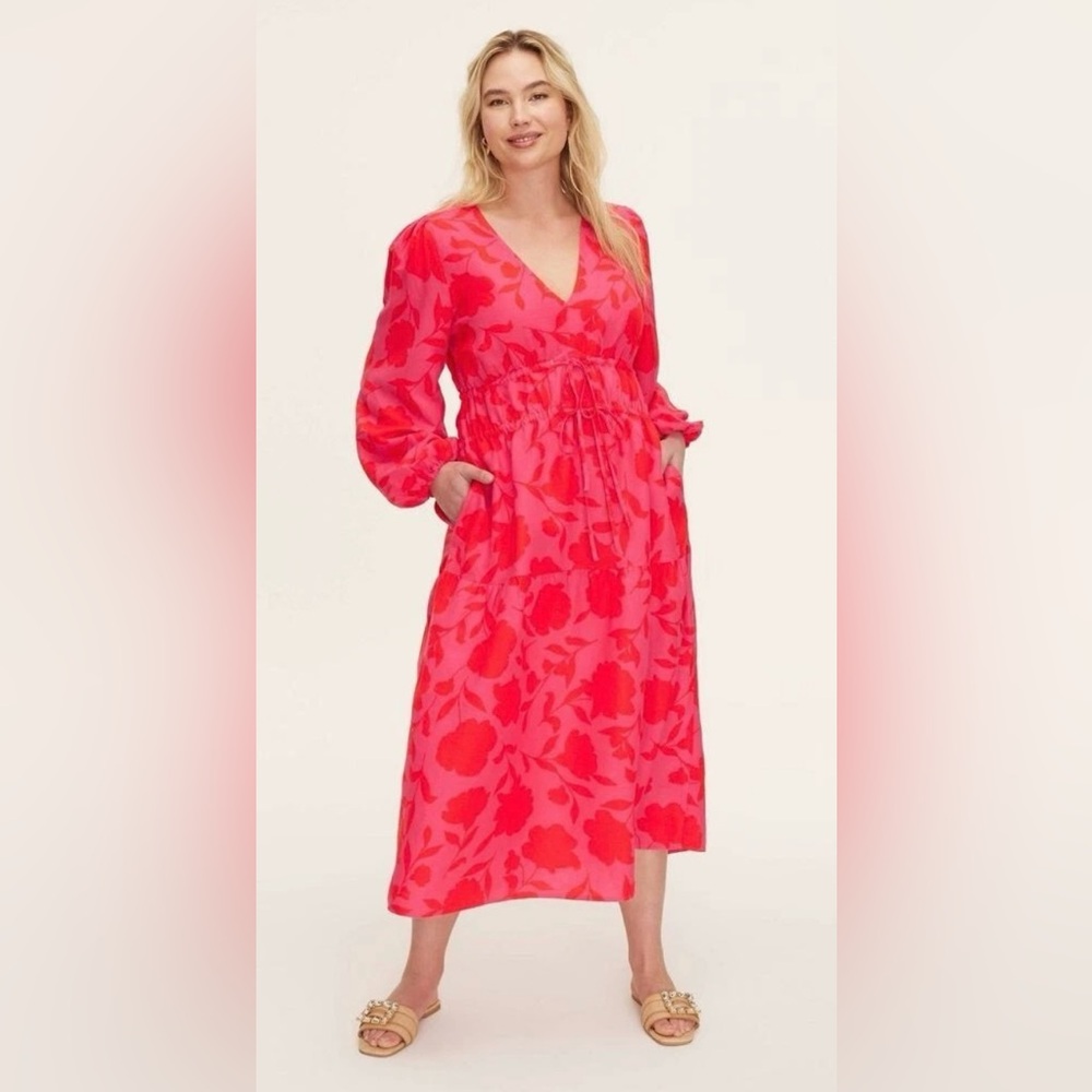 1 X Plus Kate Spade Red/Pink Floral Linen Blend Dress Tropical Mother’s Day